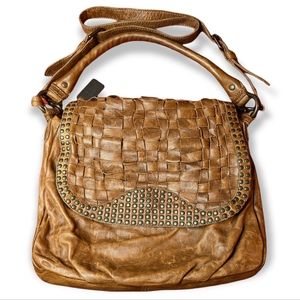 Frye Stacy Woven Studded Convertible Camel Brown Italian Leather Hobo Bag